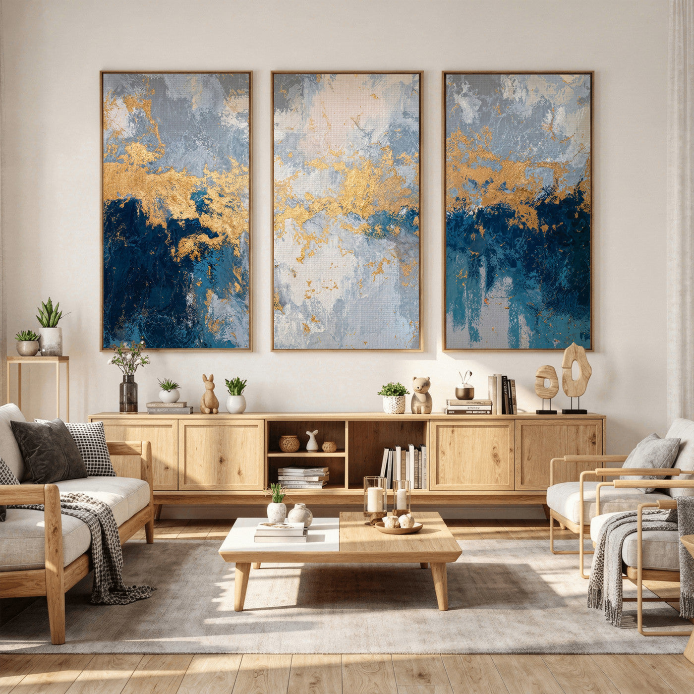 65386119-MGV-CV-36X24 - Blue Gold Abstract Large Framed Canvas Wall Art, Modern Luxury Painting Print in Horizontal Oversized Minimal Wall Decor Artwork