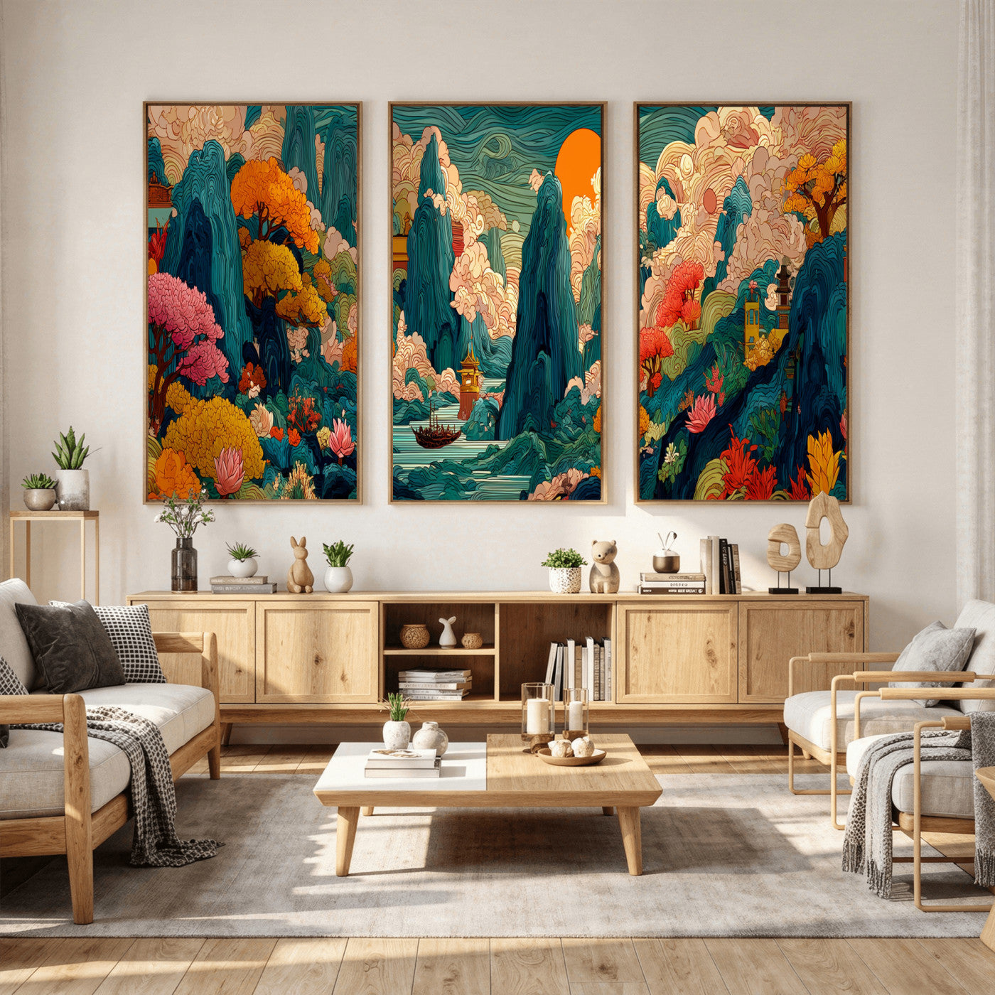 90422518-MGV-CV-48X32-3P - Colorful Japanese Landscape Print: Maximalist Panoramic Wall Art
