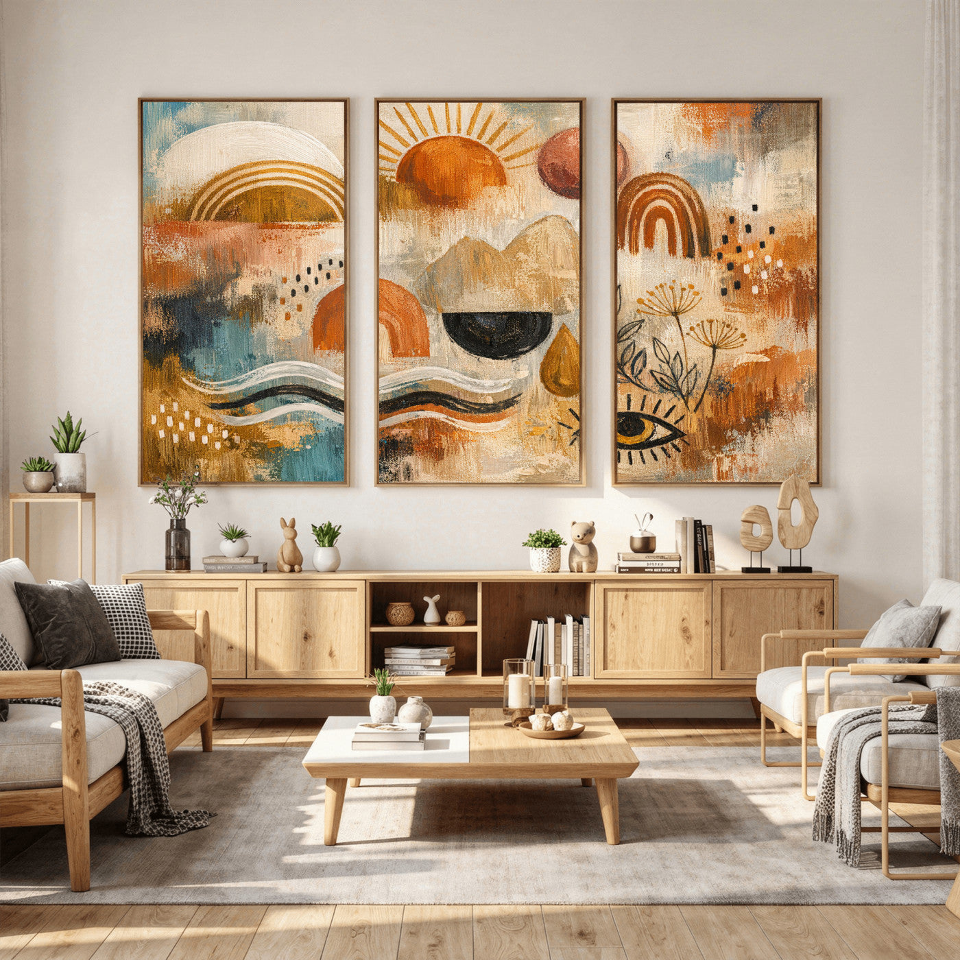 52155239-MGV-CV-36X24 - Geometric Boho Abstract Wall Art Canvas Print, Orange Blue Abstract Expressionist Painting Print, Modern Geometric Abstract Canvas Art