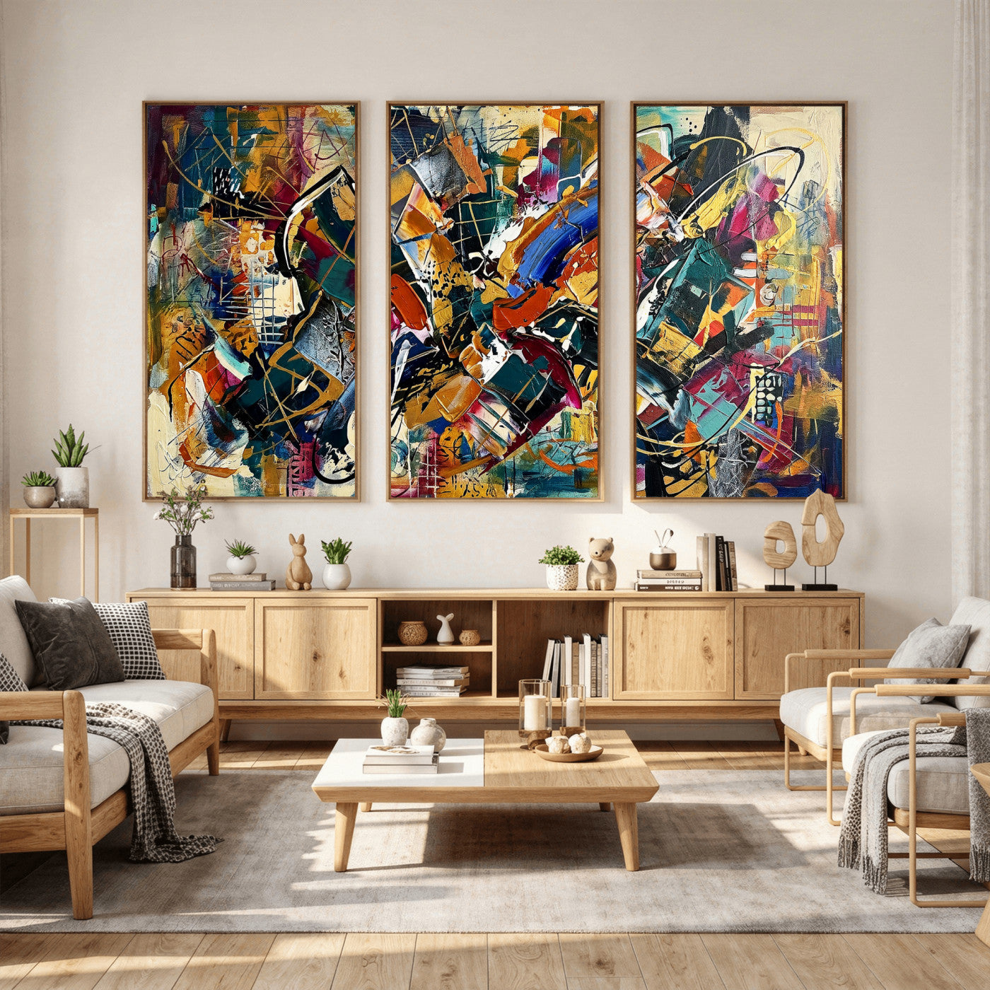 15525527-MGV-CV-36X24 - Geometric Abstract Wall Art Canvas Print, Orange Blue Abstract Expressionist Painting Print, Modern Geometric Abstract Canvas Art