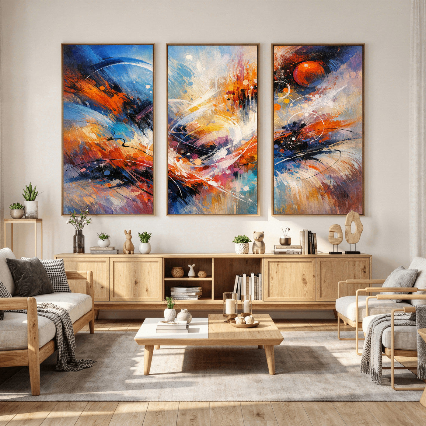 47770355-MGV-CV-36X24 - Geometric Abstract Wall Art Canvas Print, Orange Blue Abstract Expressionist Painting Print, Modern Geometric Abstract Canvas Art