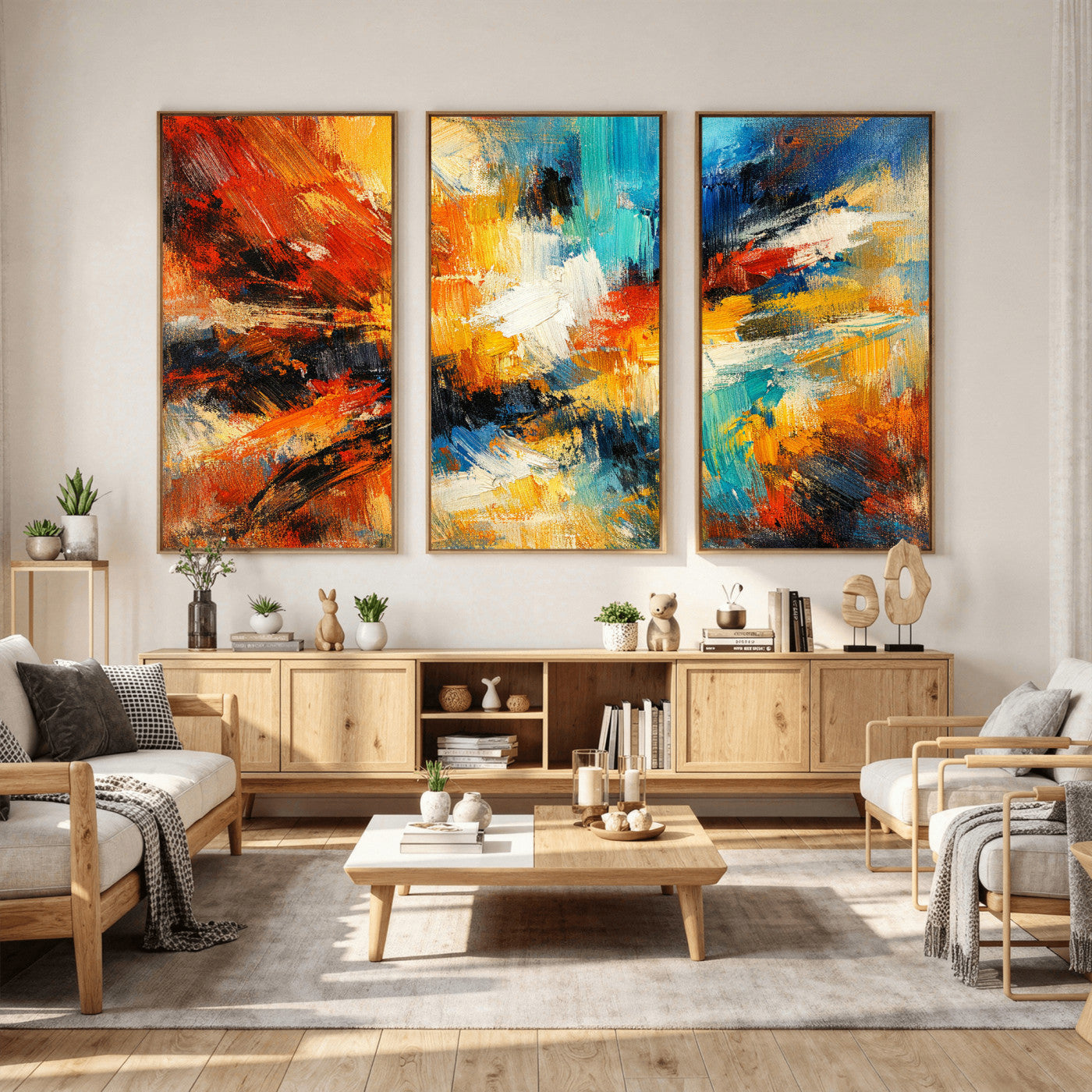 93167583-MGV-CV-36X24 - Geometric Abstract Wall Art Canvas Print, Orange Blue Abstract Expressionist Painting Print, Modern Geometric Abstract Canvas Art