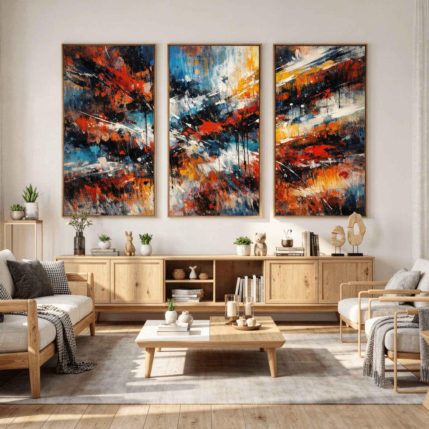 80276069-MGV-CV-36X24 - Geometric Abstract Wall Art Canvas Print, Orange Blue Abstract Expressionist Painting Print, Modern Geometric Abstract Canvas Art