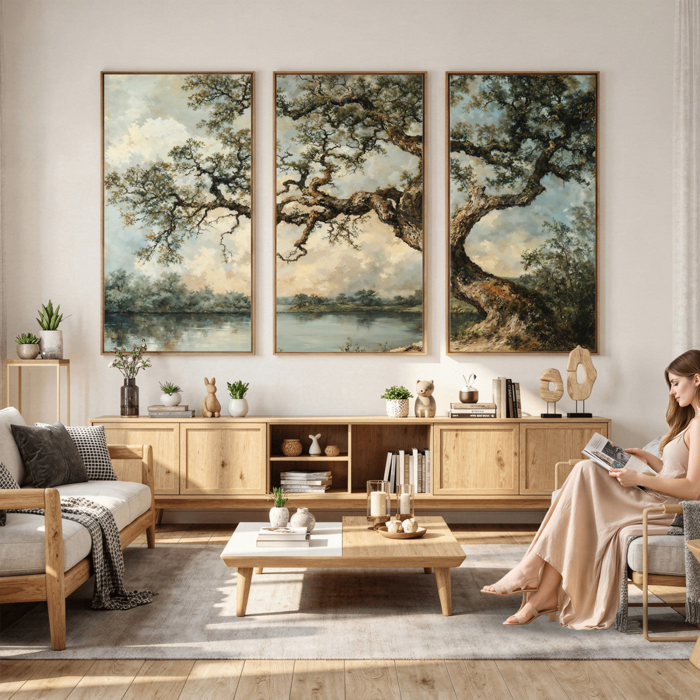 63857726-MGV-CV-36X24 - Old Oak Tree Canvas Wall Art, Turner Inspired Romantic Landscape Print, Vintage Nature Painting, Living Room Wall Decor, Antique Style Tree Art