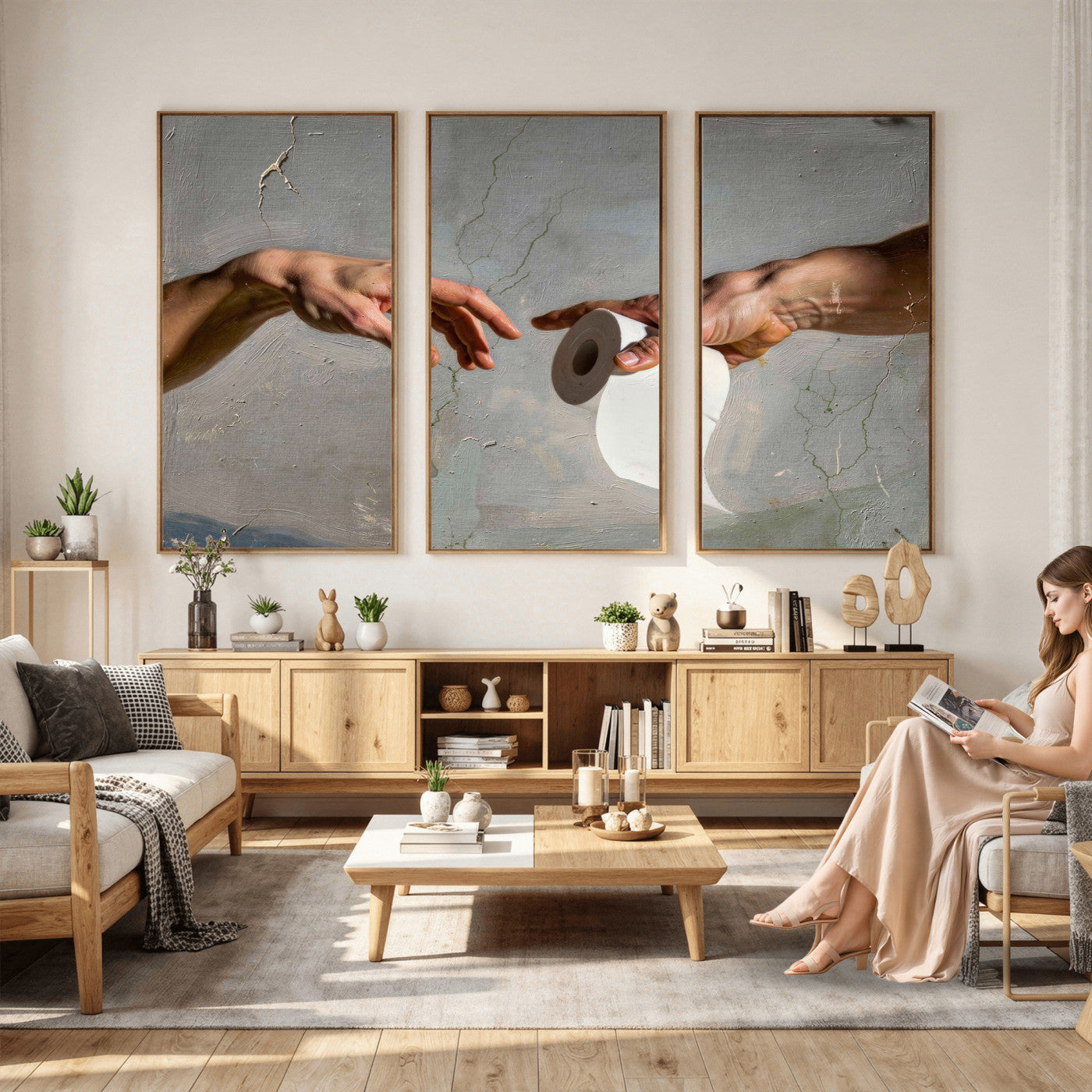 72030048-MGV-CV-36X24 - Funny Bathroom Wall Art Canvas, Creation of Toilet Paper Parody Print, Renaissance Humor Decor, Toilet Room Art, Quirky Housewarming Gift, Classic Art Spoof