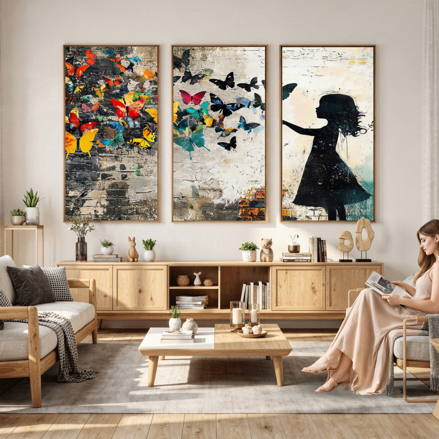 33909022-MGV-CV-36X24 - Banksy Butterfly Girl Wall Art Canvas Print, Framed Street Art Silhouette Graffiti Artwork, Colorful Butterfly Wall Decor for Living Room Bedroom Office