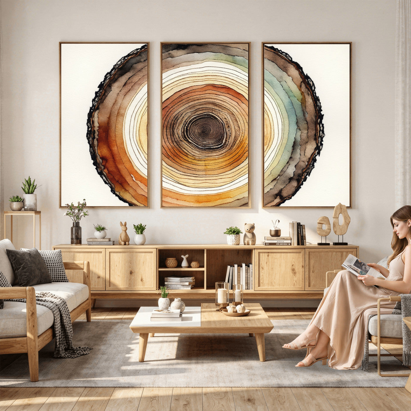 13719680-MGV-CV-36X24 - Natural Wood Slice Wall Art Canvas Print, Tree Ring Wall Art, Framed Abstract Nature Wall Decor, Earth Tone Statement Canvas Print