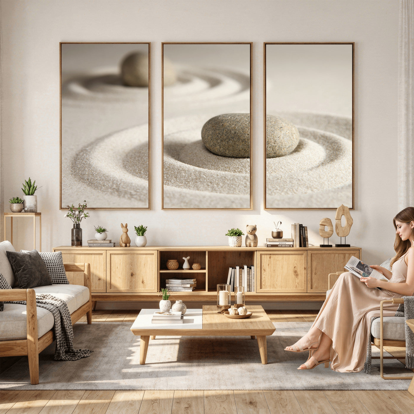 13397966-MGV-CV-36X24 - Zen Garden Stone Sand Canvas | Japanese Rock Garden Wall Art | Minimalist Meditation Print | Neutral Beige Mindfulness Decor