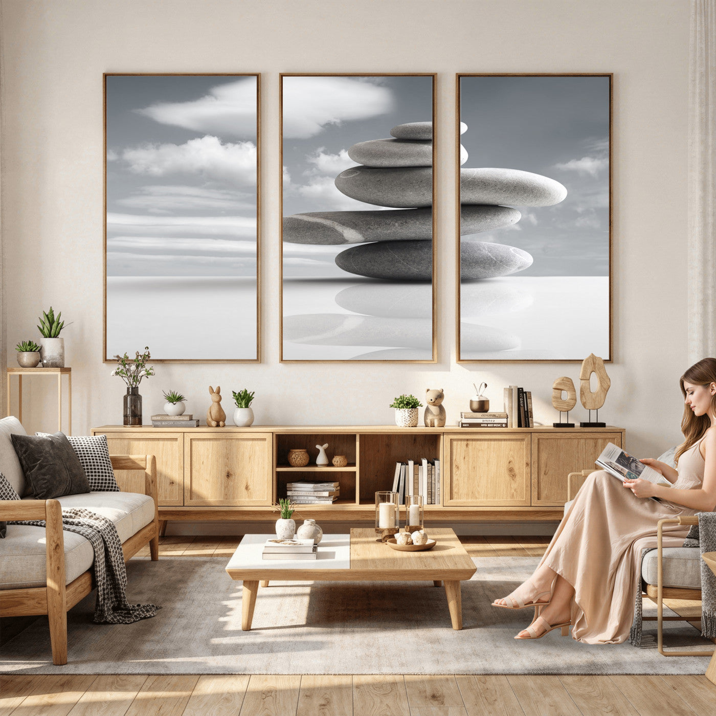 86426188-MGV-CV-36X24 - Zen Stone Wall Art Canvas Print, Balanced Rock Stack Framed Spa Artwork, Minimalist Meditation Decor for Living Room Bedroom Office Bathroom