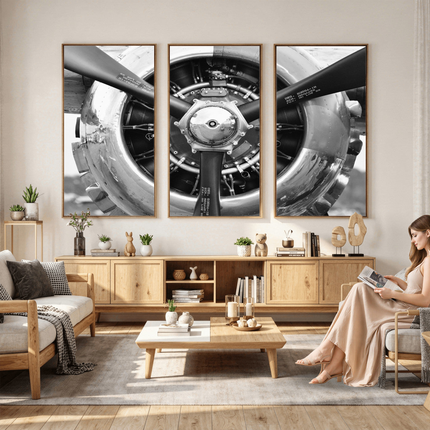 73322230-MGV-CV-36X24 - Vintage Propeller Plane Wall Art Canvas Print, Black and White Airplane Engine Close Up Framed Aviation Artwork for Pilot Office Hangar Decor