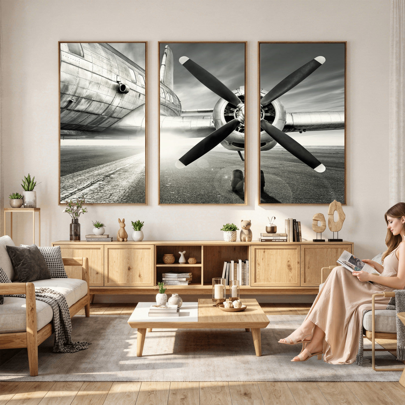 16420255-MGV-CV-36X24 - Vintage Airplane Wall Art Canvas Print, Black and White Propeller Aircraft Framed Aviation Artwork for Pilot Office Hangar Living Room Decor