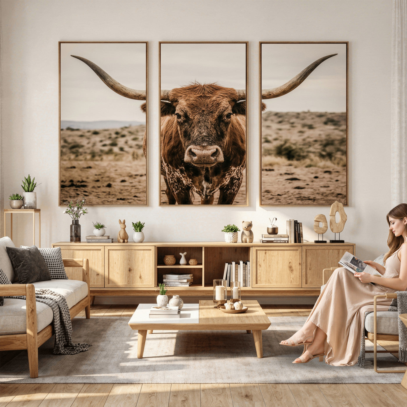 17622011K-MGV-CV-36X24 - Texas Longhorn Bull Wall Art Canvas Print, Western Farmhouse Cowboy Decor, Rustic Texas Ranch Cattle Artwork for Living Room Bedroom Office, Framed Wall Decor