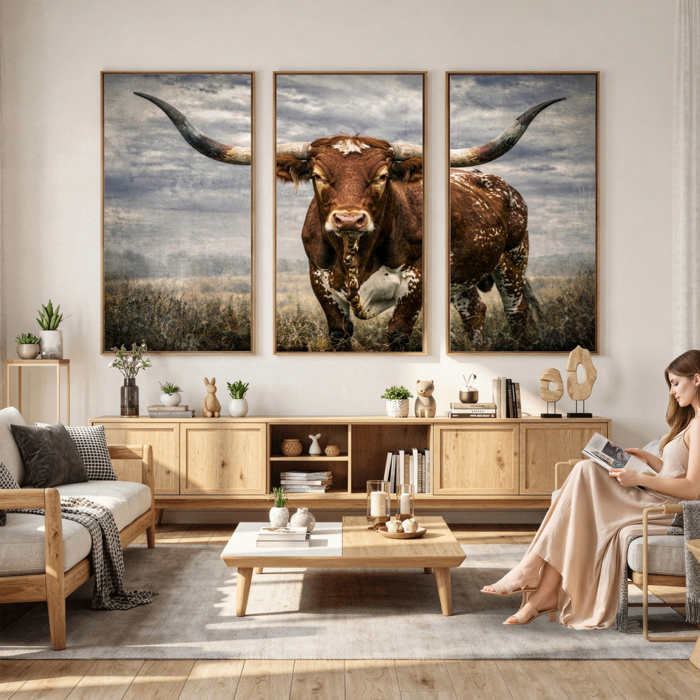 14372769-MGV-CV-36X24 - Texas Longhorn Canvas Wall Art Western Bull Desert Moody Grey Overcast Rustic Farmhouse Framed Large for Living Room Bedroom Office Decor