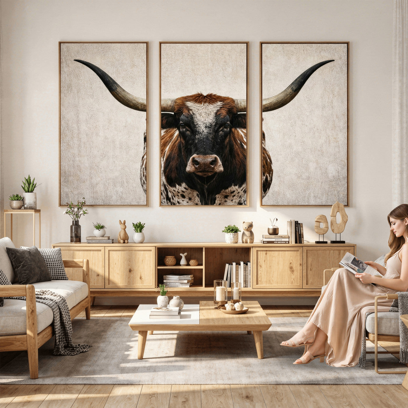 58622065-MGV-CV-36X24 - Texas Longhorn Canvas Wall Art Western Bull Desert Moody Grey Overcast Rustic Farmhouse Framed Large for Living Room Bedroom Office Decor