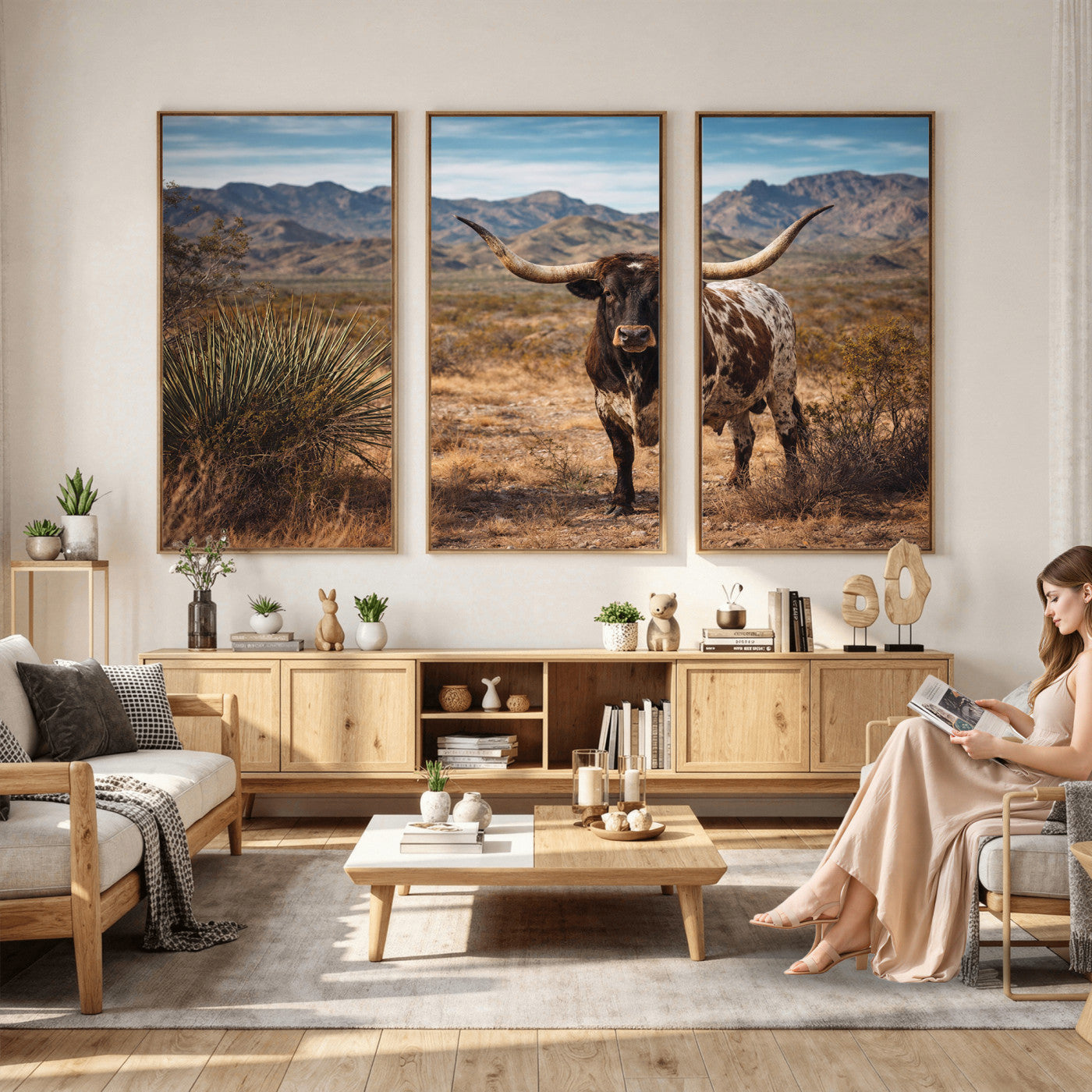 26448918-MGV-CV-36X24 - Texas Longhorn Canvas Wall Art Western Bull Desert Moody Grey Overcast Rustic Farmhouse Framed Large for Living Room Bedroom Office Decor