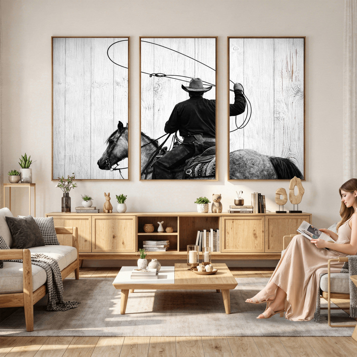 22569358-MGV-CV-36X24 - Cowboy Lasso Canvas Wall Art, Black White Western Horse Photo Print, Rustic Ranch Rodeo Decor, Farmhouse Western Art, Cowboy Gift for Him