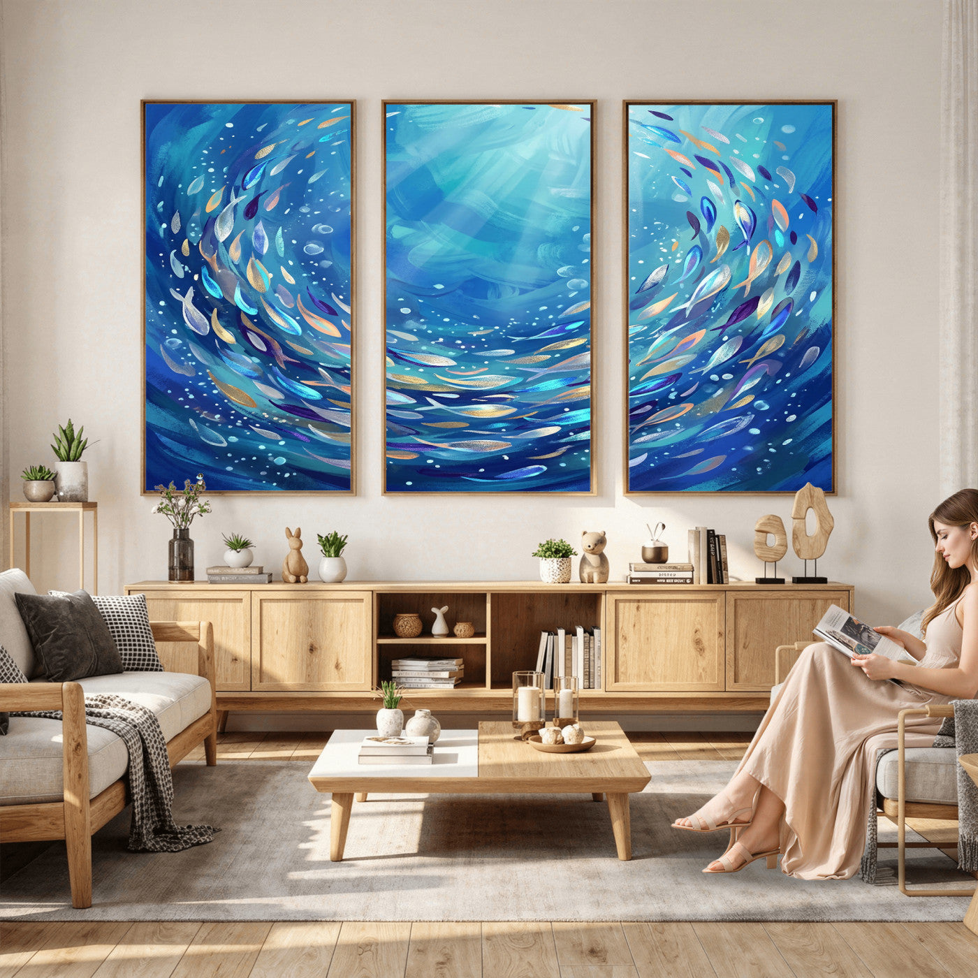 78699899-MGV-CV-36X24 - School of Fish Canvas Print | Blue Ocean Underwater Wall Art | Swirling Fish Shoal Illustration | Marine Navy Coastal Decor