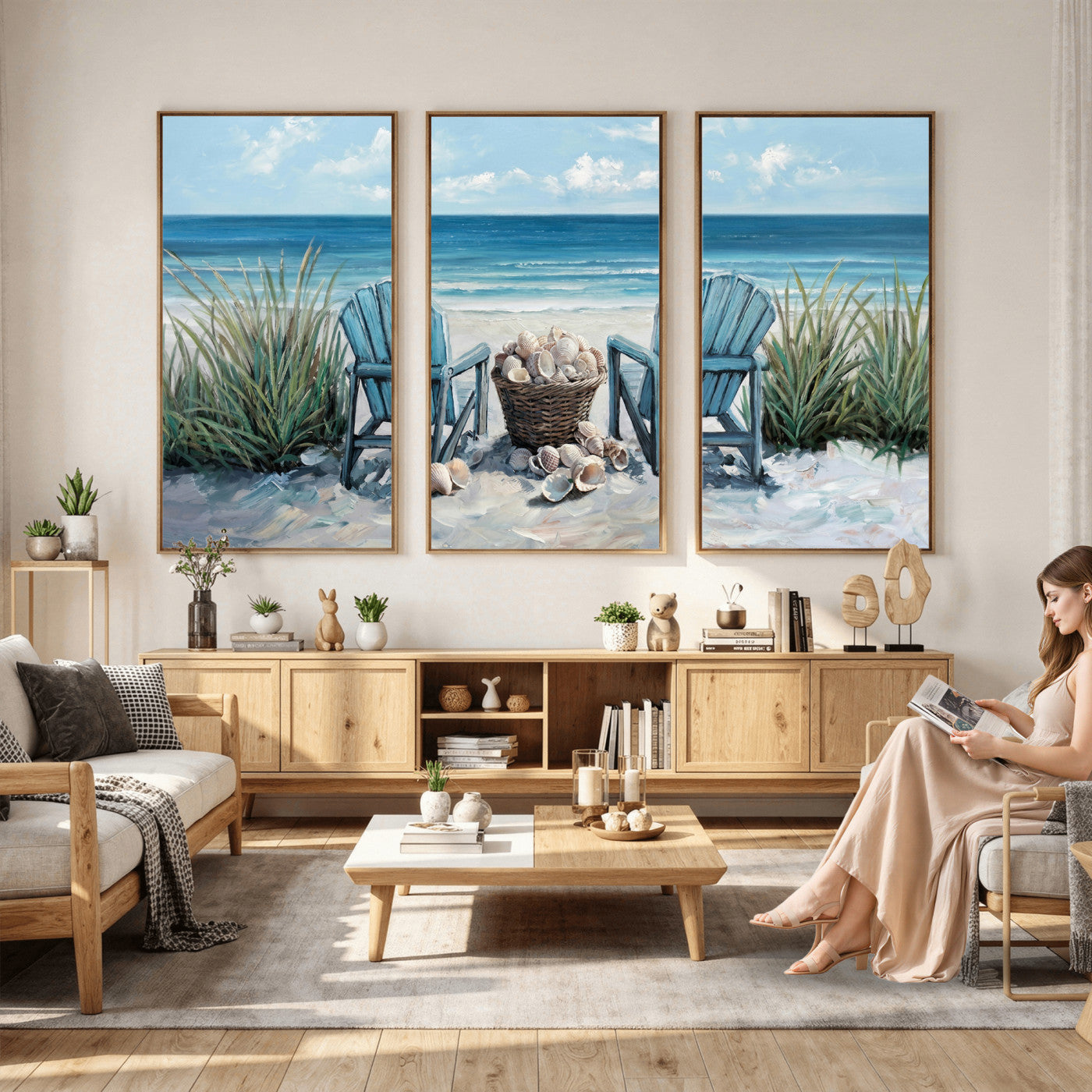 11973028-MGV-CV-36X24 - Beach Canvas Wall Art Coastal Adirondack Chairs Ocean Seashells Blue Nautical Framed Large for Living Room Bedroom Bathroom Decor