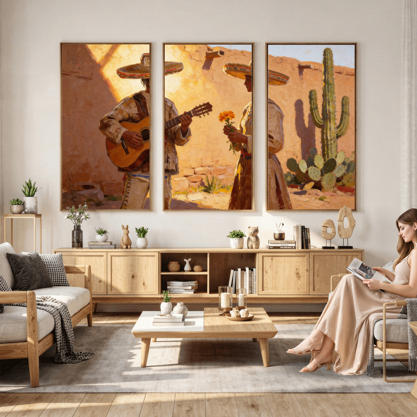 41849005-MGV-CV-36X24 - Mexican Couple Canvas Wall Art, Romantic Serenade Guitar Painting Print, Southwestern Desert Adobe Decor, Warm Golden Folk Art, Living Room Art