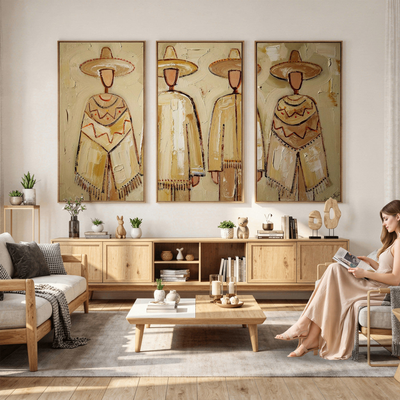 46071653-MGV-CV-36X24 - Mexican Folk Art Canvas Wall Art, Charro Poncho Sombrero Painting Print, Neutral Beige Boho Decor, Southwestern Impasto Style, Living Room Art
