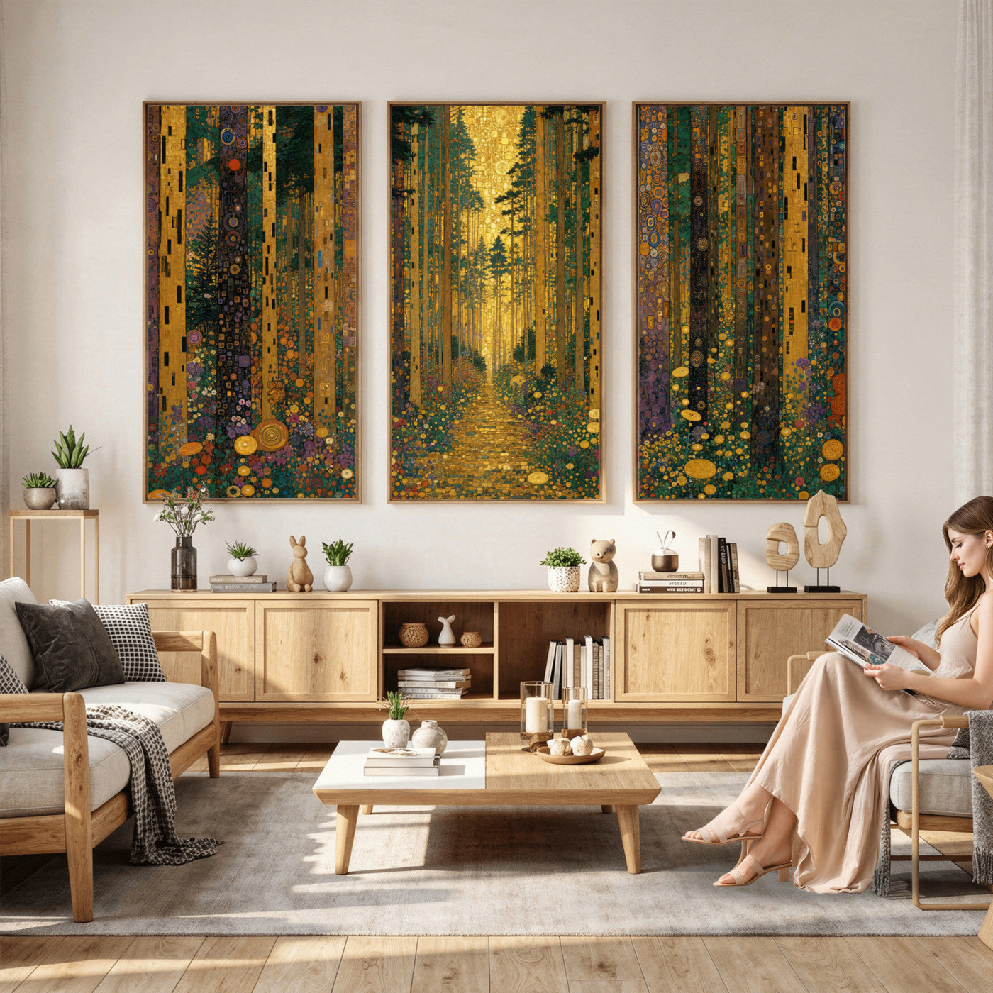 79483321G-MGV-CV-48X32-3P - Gustav Klimt Style Forest Canvas Wall Art, Golden Forest Path Floral Art Nouveau Print, Enchanted Woodland Decor