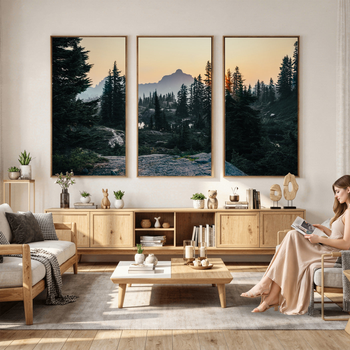 89996020-MGV-CV-36X24 - Mountain Forest Canvas Wall Art Print, Pine Tree Landscape, Sunset Nature Photography, Wilderness Wall Decor, Ready to Hang