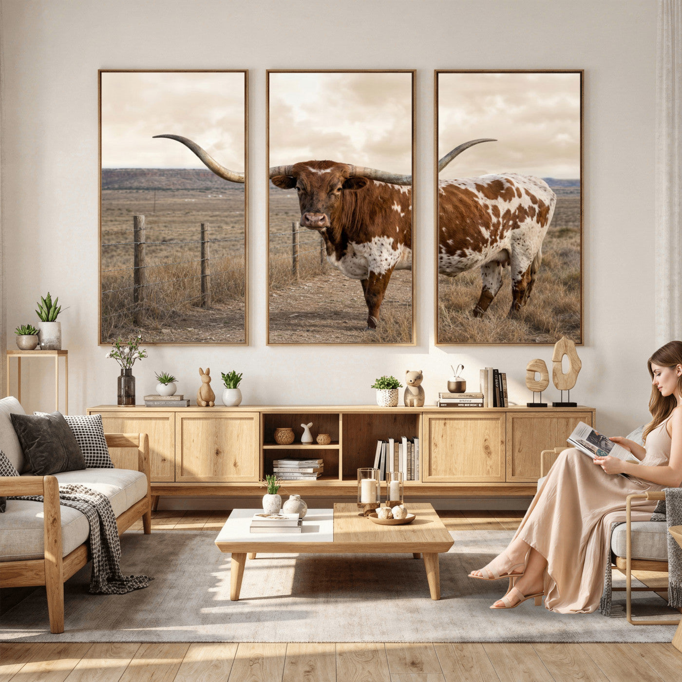 22808364-MGV-CV-36X24 - Texas Longhorn Cattle in Desert Pasture Wall Art Canvas Print - Rustic Western Decor