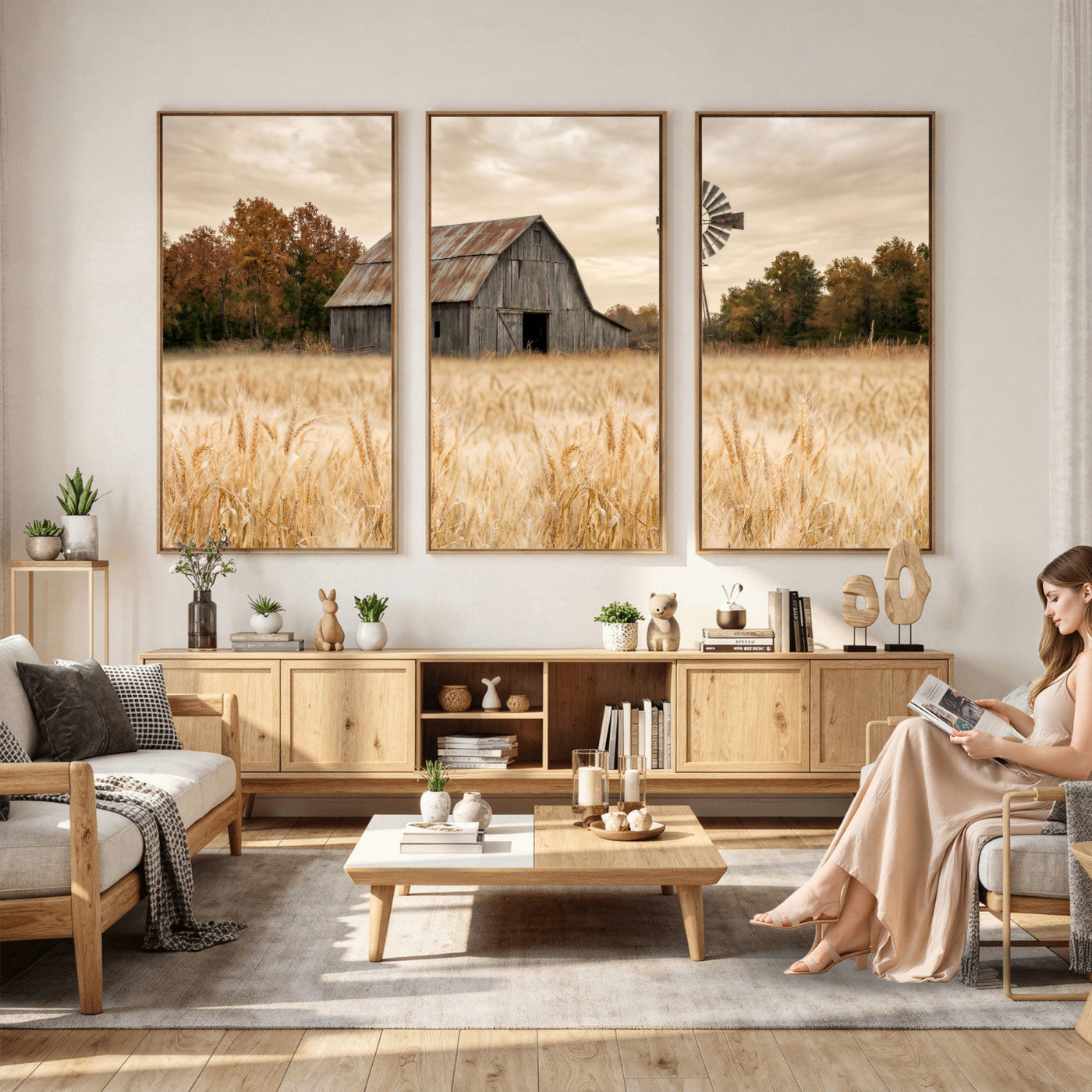 99640659-MGV-CV-36X24 - Rustic Farmhouse Barn and Windmill Wall Art Canvas Print, Country Landscape Photography Print