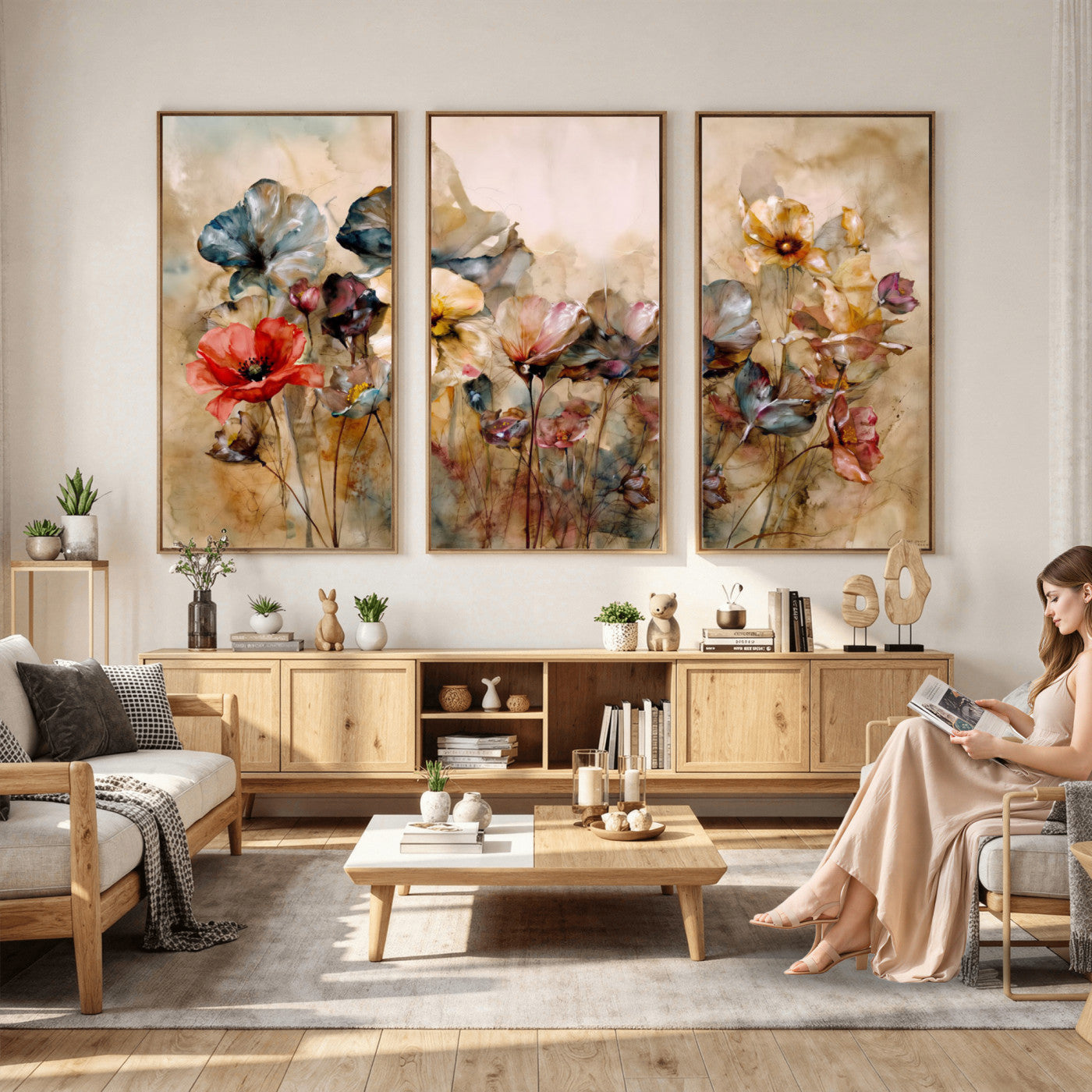 11407233-MGV-CV-36X24 - Vintage Dried Floral Meadow Wall Art Canvas Print, Translucent Watercolor Flowers Painting Print