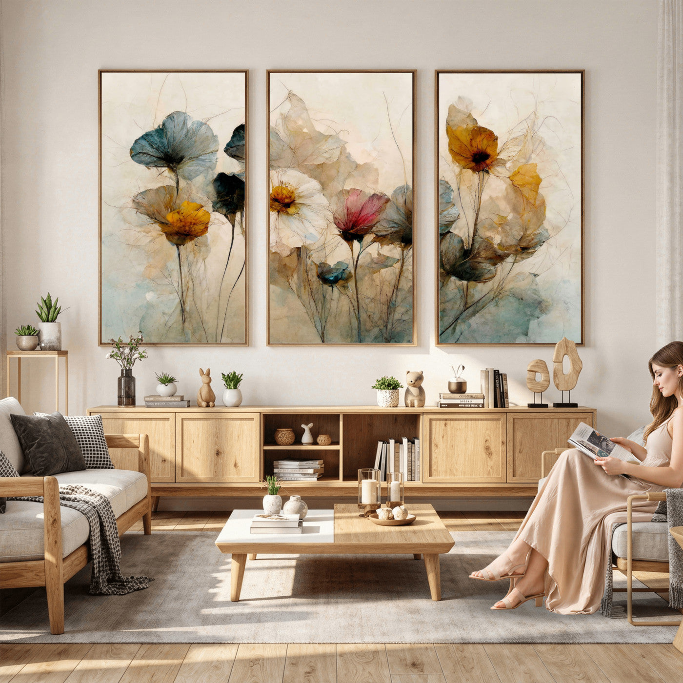 86802229-MGV-CV-36X24 - Vintage Dried Floral Meadow Wall Art Canvas Print, Translucent Watercolor Flowers Painting Print