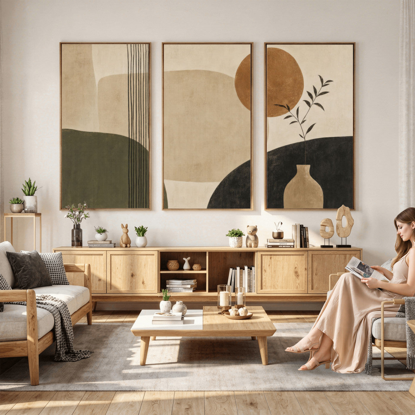 29113684-MGV-CV-36X24 - Japandi Minimalist Abstract Wall Art Canvas Print, Sage Green and Terracotta Sun Botanical Painting Print