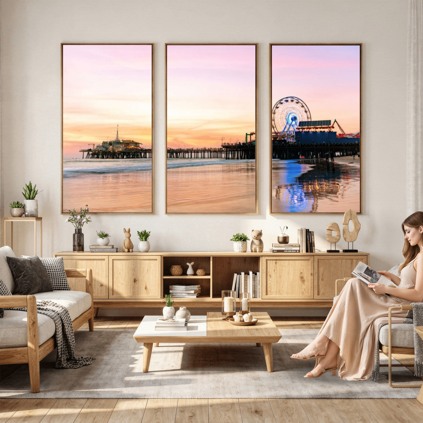 27381272-MGV-CV-36X24 - Santa Monica Pier Sunset Beach Wall Art Canvas Print, California Ferris Wheel Photo Print