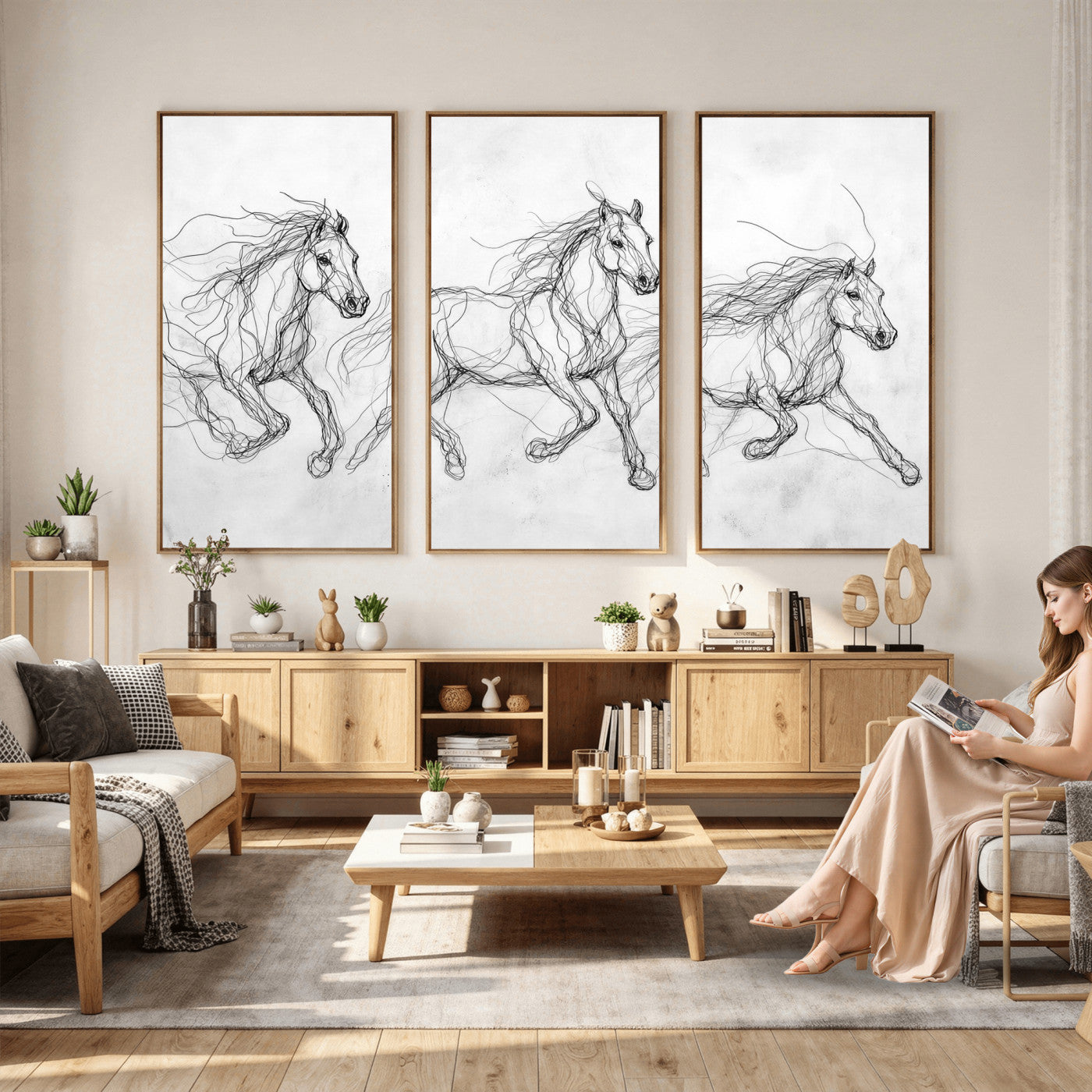 53600119-MGV-CV-36X24 - Monochrome Horse Canvas Wall Art, Black Ink Sketch Wild Horses Print, Minimalist Equestrian Artwork, Modern Abstract Line Decor, Urban Loft Gift