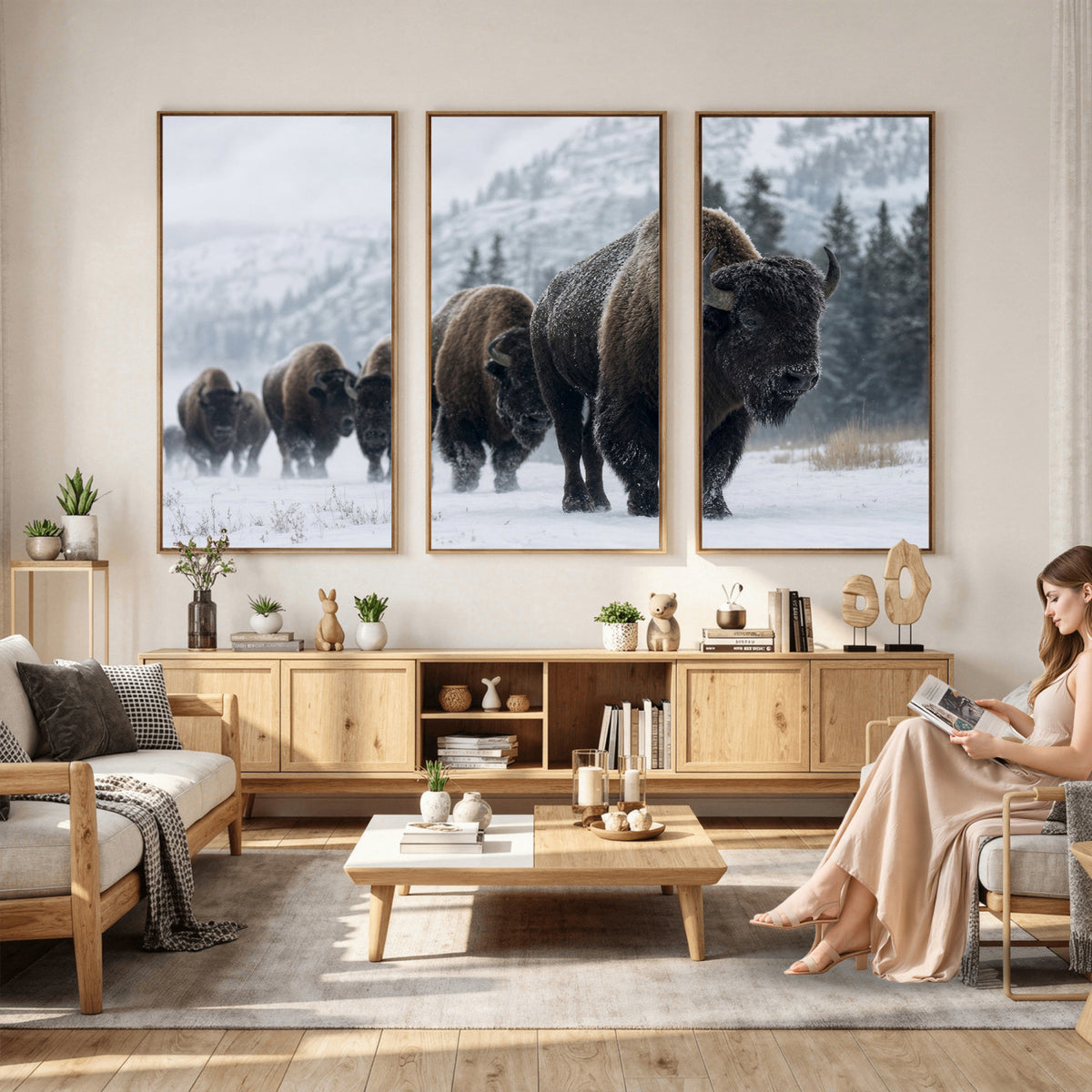 18343289-MGV-CV-36X24 - Rustic Bison Wall Art, American Buffalo Photo Print, Wildlife Canvas Artwork, Snowy Mountain Decor, Large Nature Poster, Cabin Gift Idea