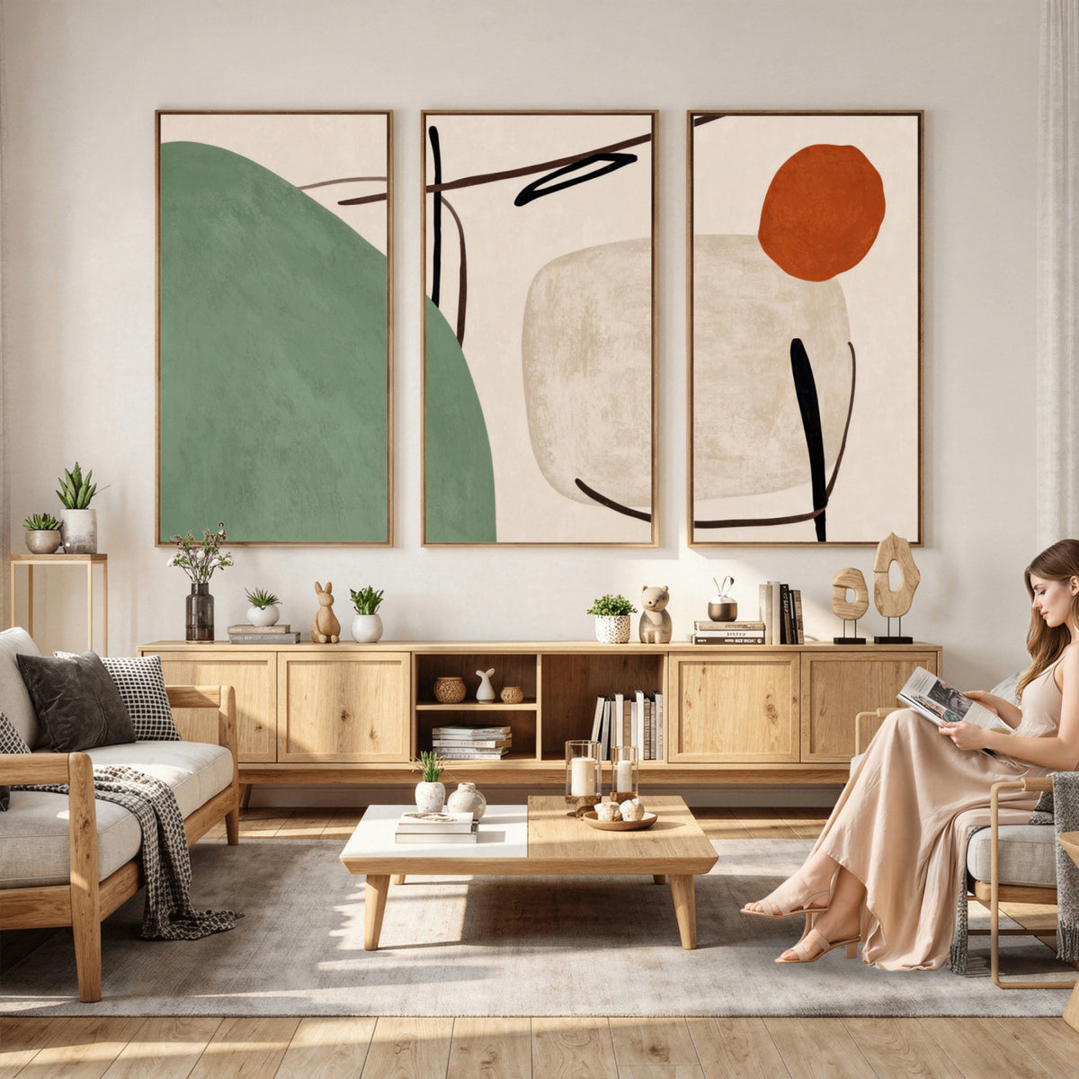 46798824-MGV-CV-48X32-3P - Mid Century Modern Geometric Canvas Wall Art, Abstract Triptych Print