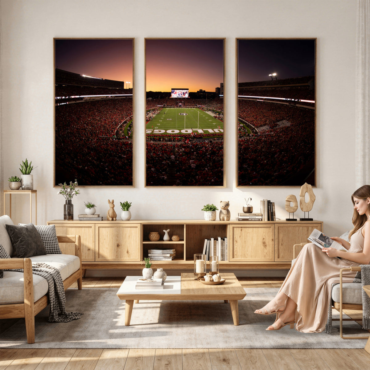 97720998-_Poster-30x20 - Georgia Bulldogs Stadium Sunset Canvas Print 3 Piece Framed Wall Art Extra Large Floating Frame Sports Poster Made in USA