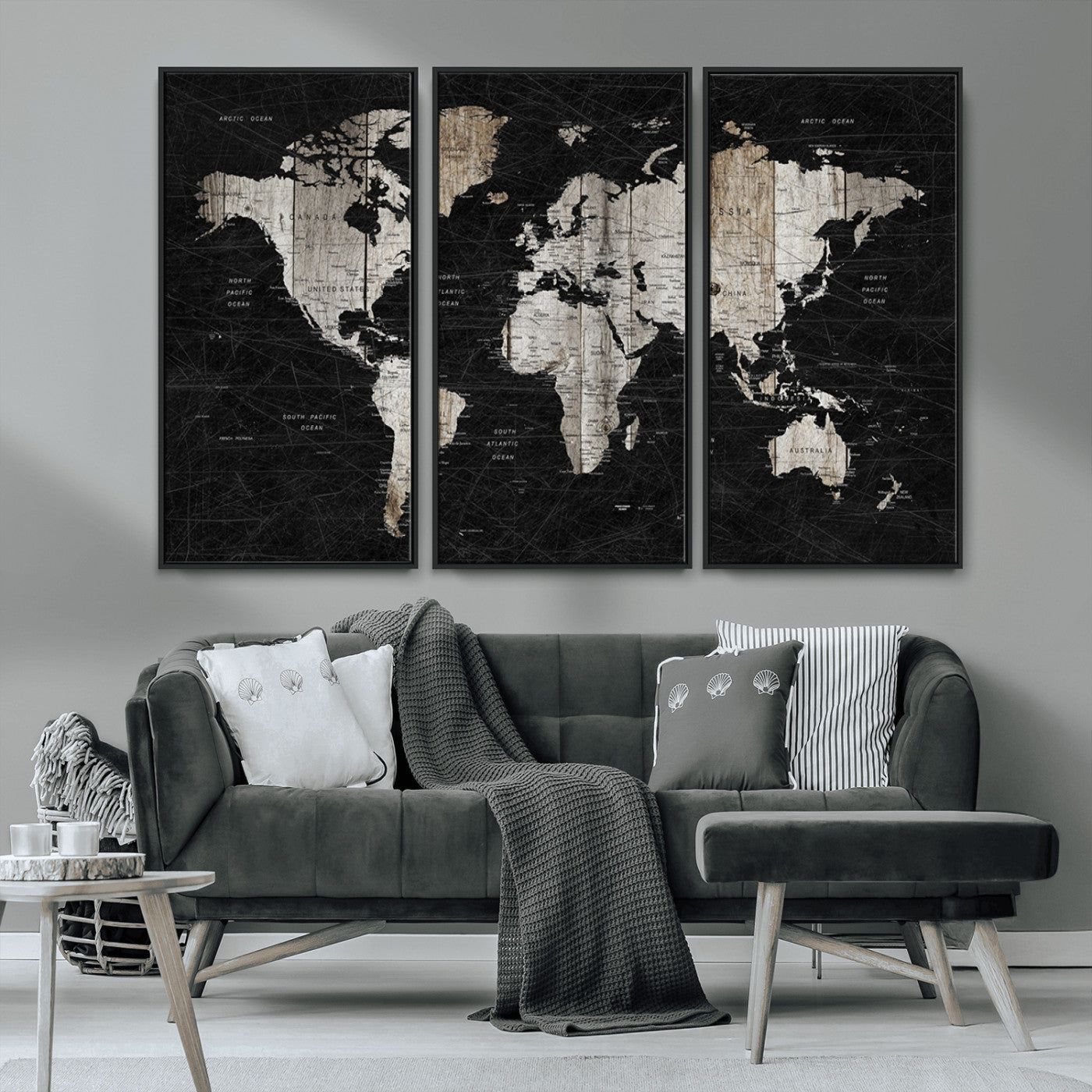 89998-MGV-CV-36X24-Rustic Black and Wood World Map Canvas Wall Art – Framed Push Pin Travel Map for Home and Office Decor, Modern Vintage Wall Artwork