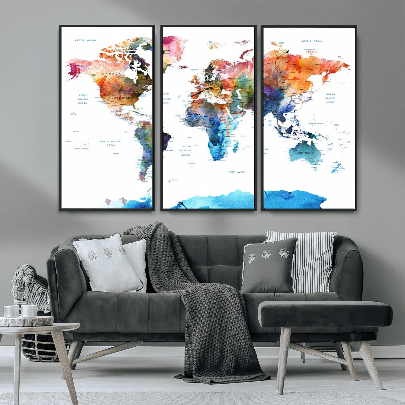 11576-MGV-CV-36X24-Vibrant Watercolor World Map Canvas Wall Art – Framed Push Pin Travel Map for Home and Office Decor, Modern Colorful Wall Artwork