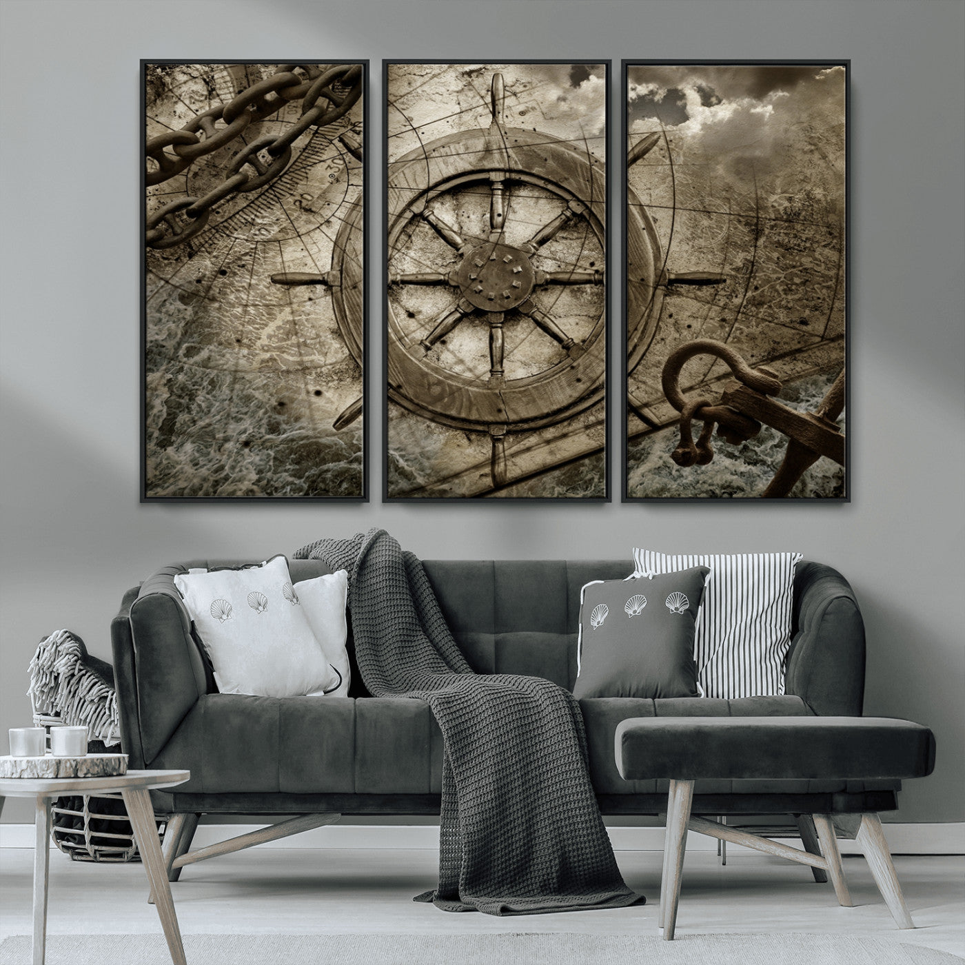 -Wooden Ship Wheel Canvas Print, Multi Panel Canvas Wall Art Print