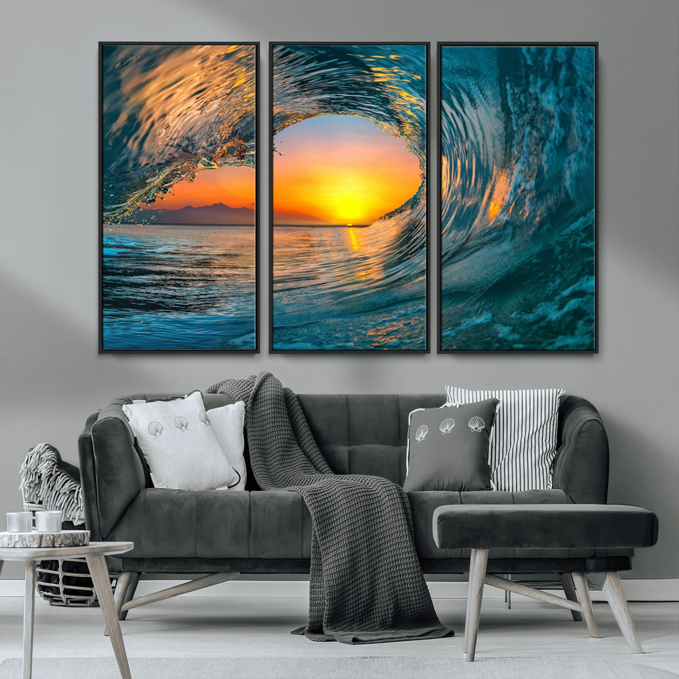 84279-MGV-CV-36X24-Ocean Wave Sunset Wall Art | Large Coastal Wave Canvas Print | 3-Panel Ocean Sunset Seascape for