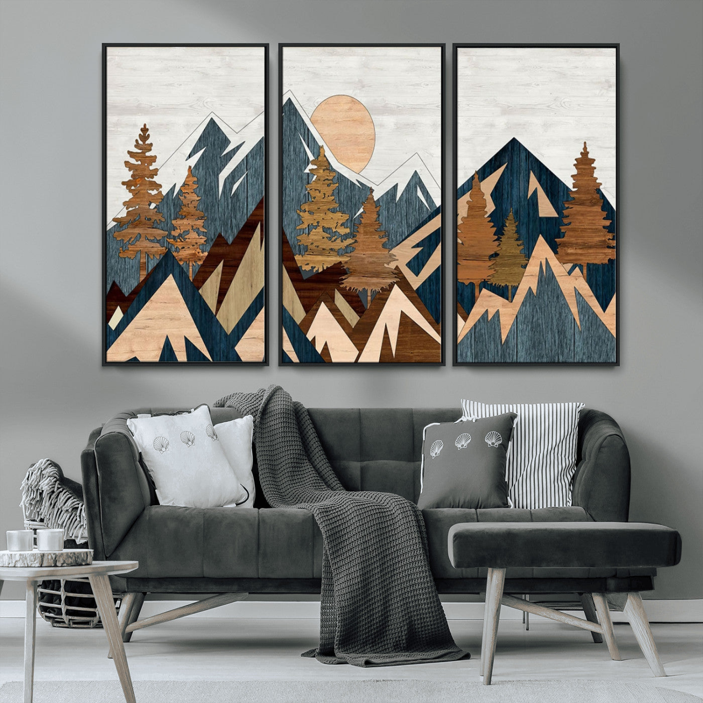 91467-MGV-CV-36X24-Abstract Wood Panel Effect Mountain Range Top Wall Art Canvas Print