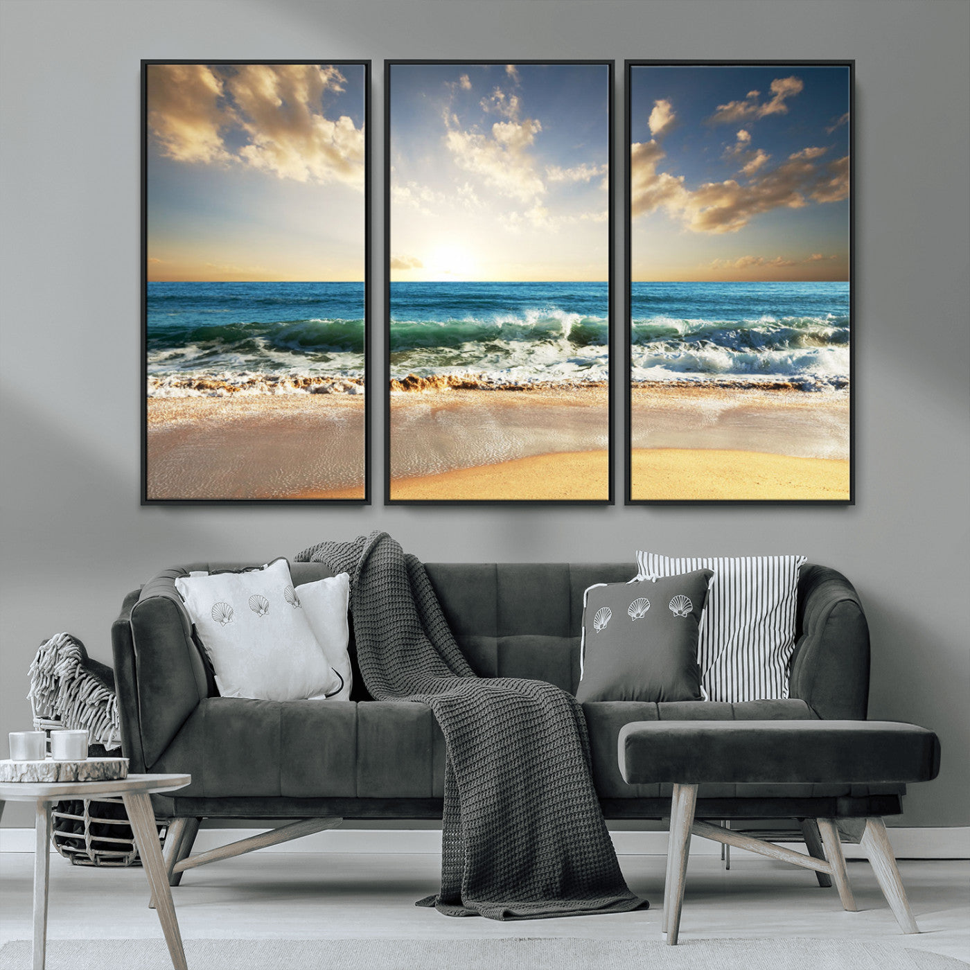 83376-MGV-FC-48X32-3P_Black-Golden Sunset Beach Triptych Canvas Wall Art for Living Room – 3-Panel Ocean View, Framed & Ready to