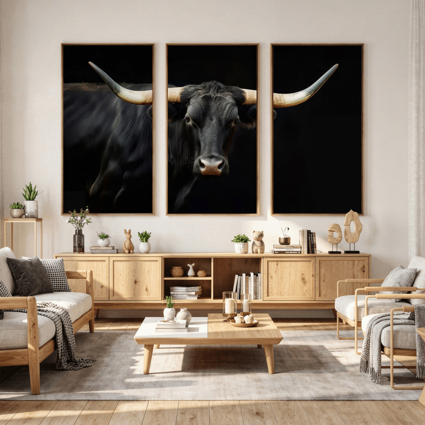 63798-MGV-CV-36X24 - Texas Longhorn Cow | Majestic Black Bull Wall Art Canvas Print - Farmhouse Animal Decor - Ready to