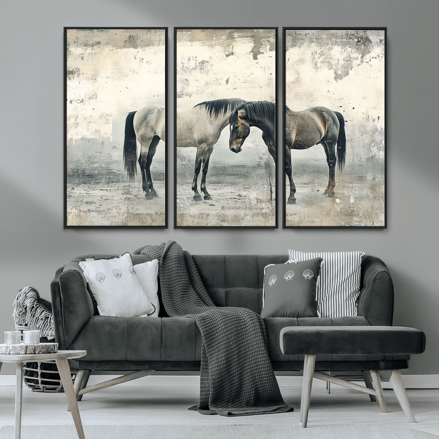 -Chines Style Majestic Horses Wall Art | Ready to Hang and Framed Triptych Print | Western Farmhouse
