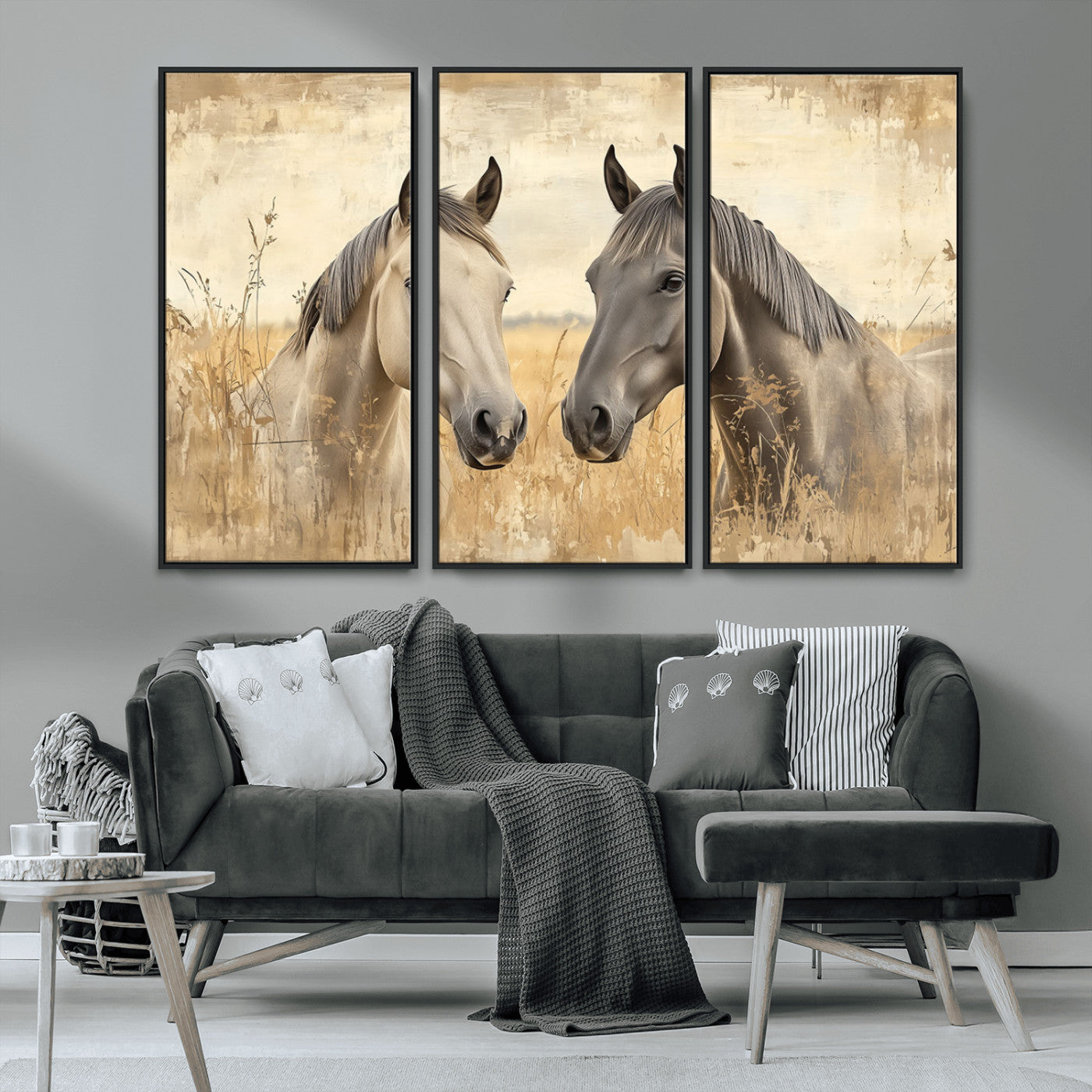 -Chines Ink Style Grunge Horses Wall Art Canvas Print