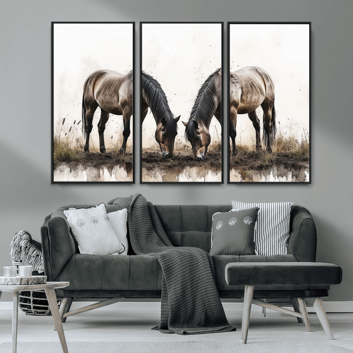 -Chines Ink Style Horses Wall Art Canvas Print