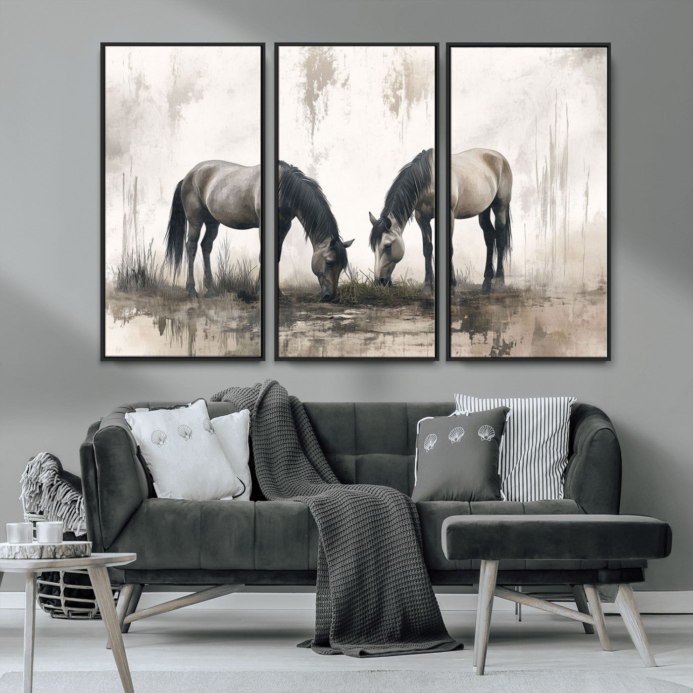 -Chines Ink Style Vintage Horses Wall Art Canvas Print for Farmhouse Wall Decor