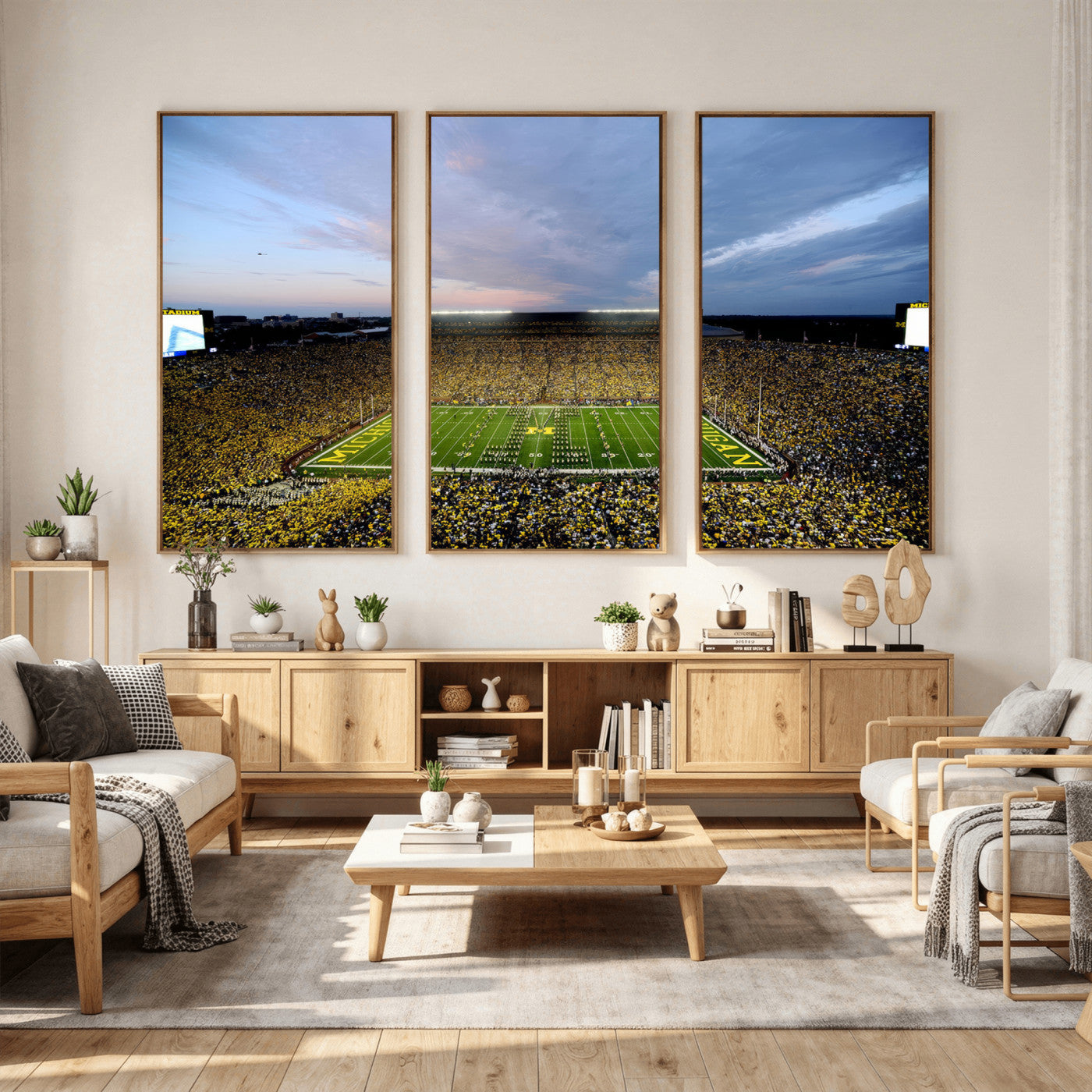 82641-MGV-CV-36X24 - Michigan Stadium Wall Art Canvas Print, Vibrant Game Day Crowd and Sunset Sky Football Field Artwork for Home, Office