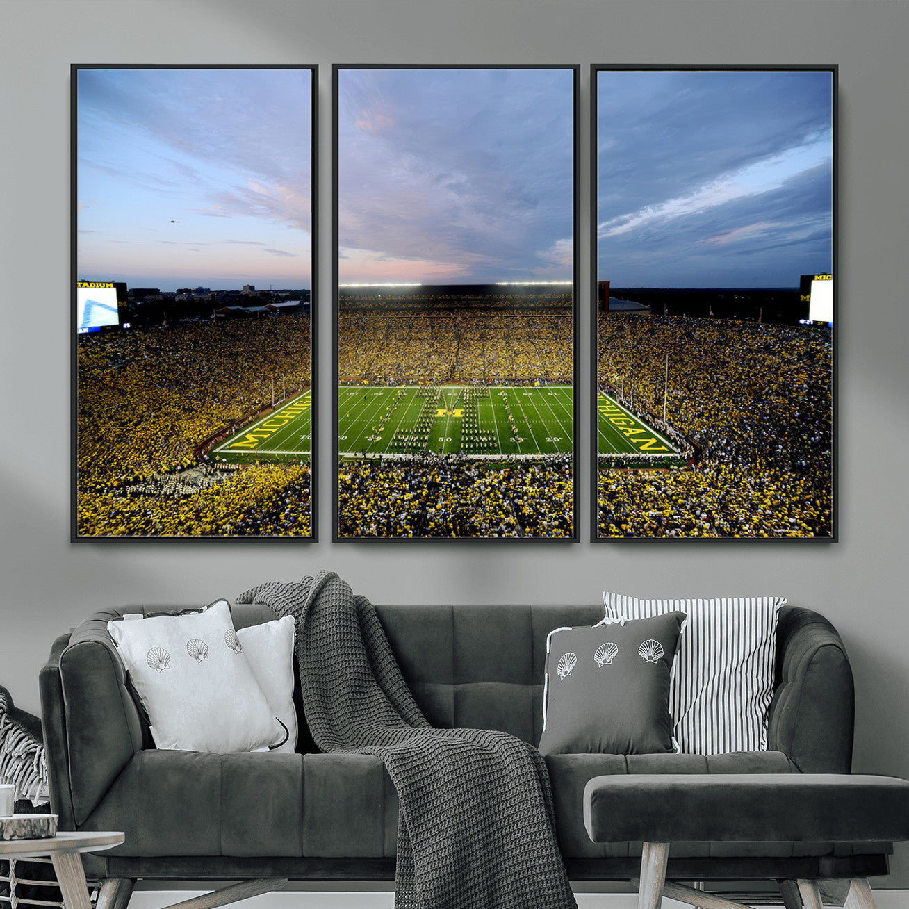 82641-MGV-FC-48X32-3P - Michigan Stadium Wall Art Canvas Print, Vibrant Game Day Crowd and Sunset Sky Football Field Artwork for Home, Office