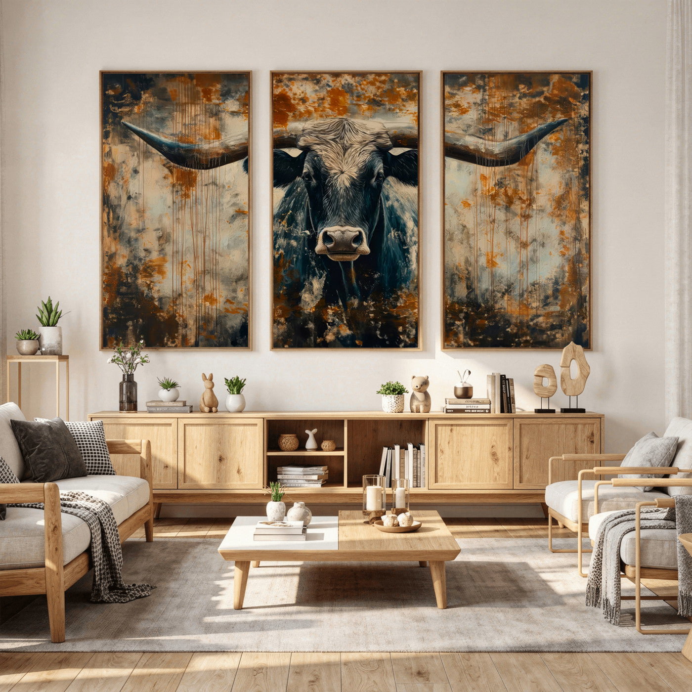 85913-MGV-CV-36X24 - Abstract Longhorn Bull Wall Art | Rustic Western Wall Decor | Framed and Ready to Hang | Ideal for